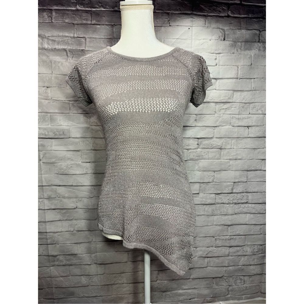 INC International Concepts Silver Knit Tunic Top Short Sleeve Asymmetrical